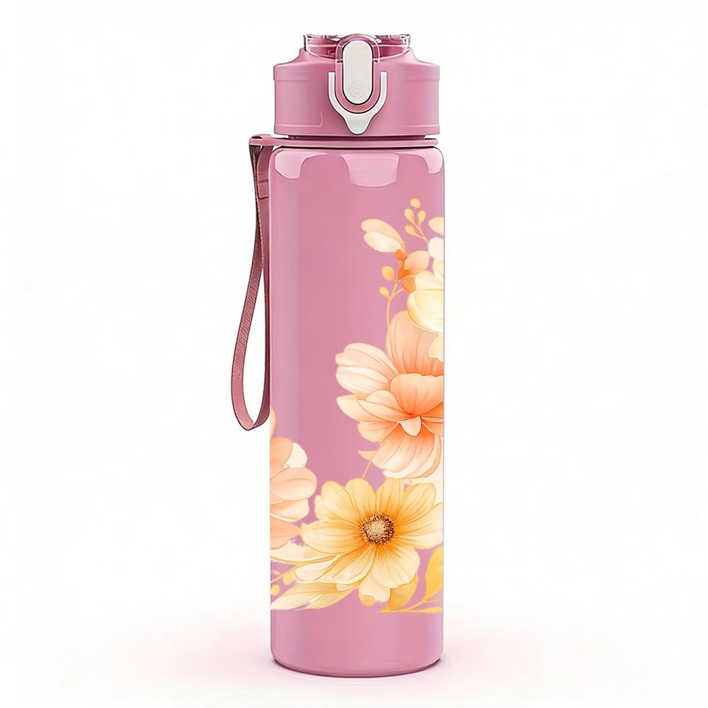 1PC Soft Orange Peony Floral Simple Art 750ml Color Plastic Sports Water Bottle Leakproof Flip Straw Lid Suitable for Sports Office Home Use