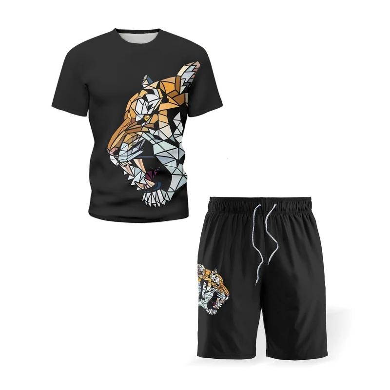 3D Tiger Print Plus-size Men's T-shirt Casual Daily Outdoor Fitness Quick-drying Breathable Street Short Sleeve Shorts Set