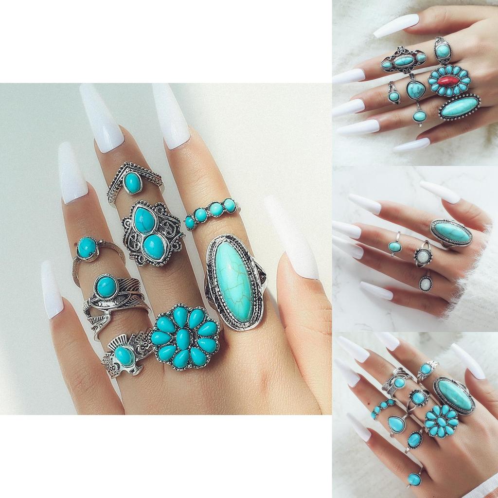 Exquisite Bohemian Leaf Rings With Turquoise Carvings Stylish And Charming 8-piece Ring Set