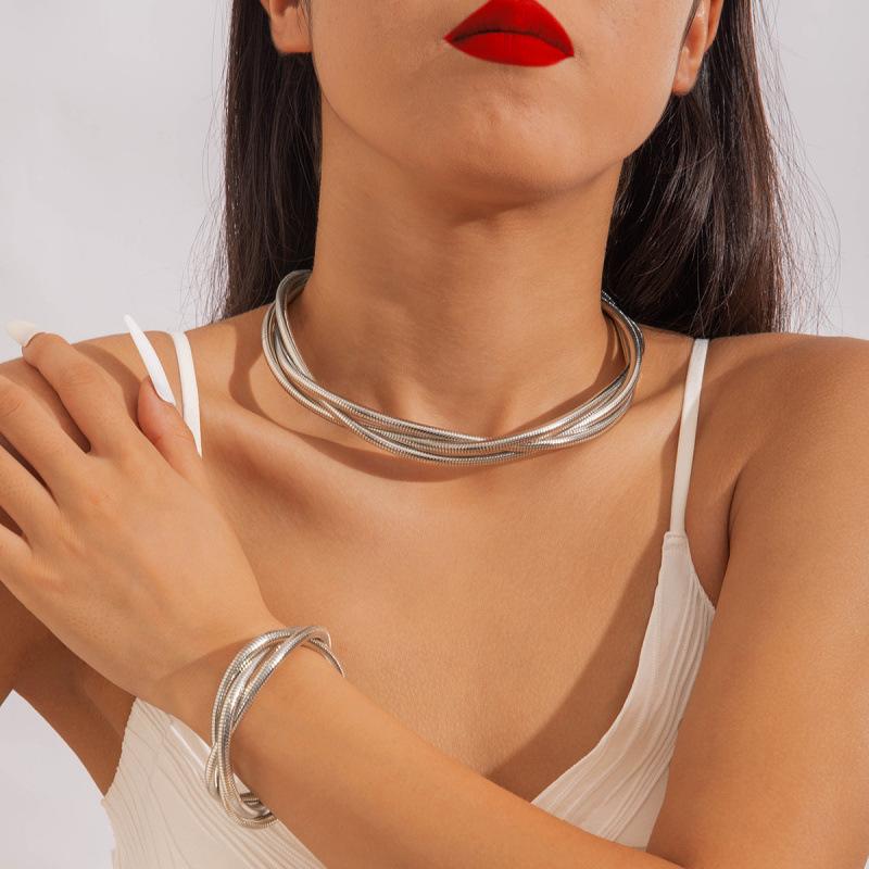 Multi-layer iron elastic snake bone twist collar bracelet punk style exaggerated jewelry suit women