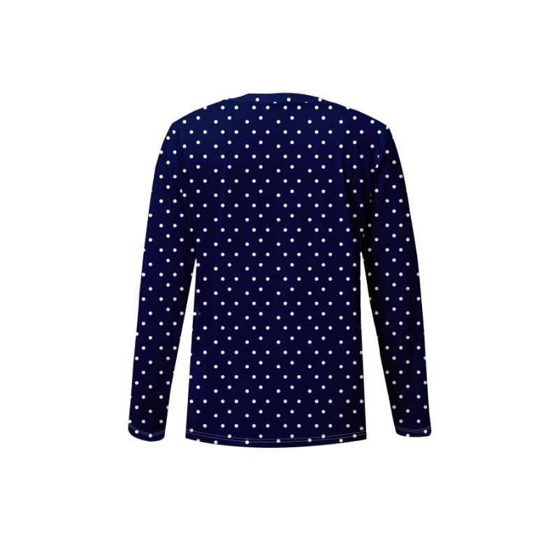 2025 Women's Basic V-Neck Long Sleeve,White Polka Dots Printed Polyester Relaxed Fit Tees Shirt,Spring Fall Casual Comfort Tops