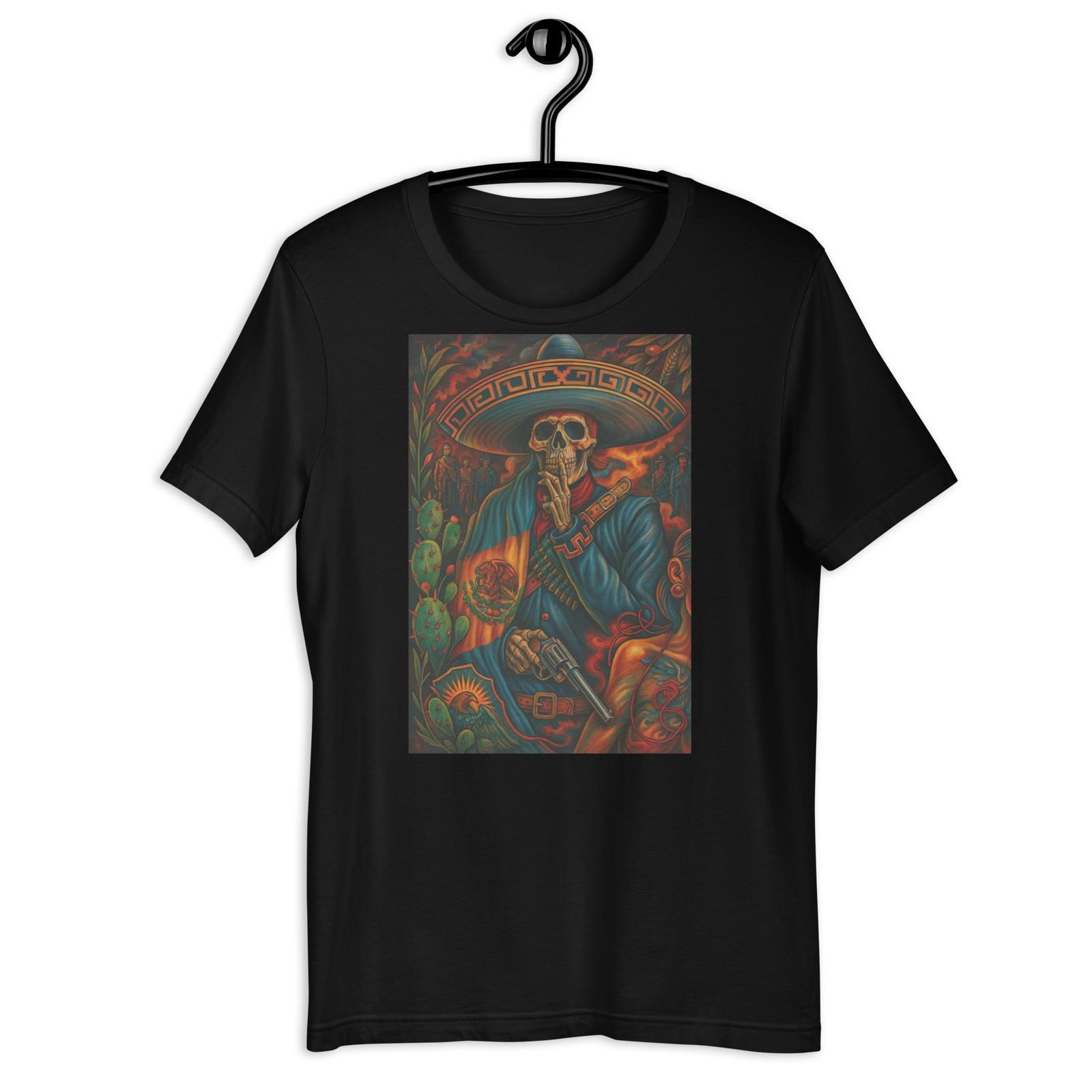 Mexican Skull Bandit Sombrero Gun Chicano Art T-Shirt Graphic Design S