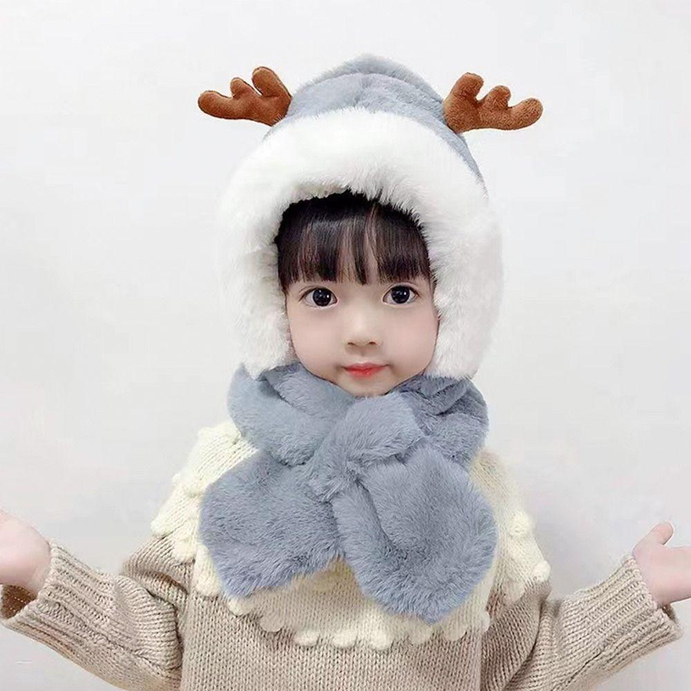 Fashion Cartoon Kids Integrated Cap Scarf Windproof Plush Baby Hat With Scarf Thickening Warm Ear Protection Cap Children