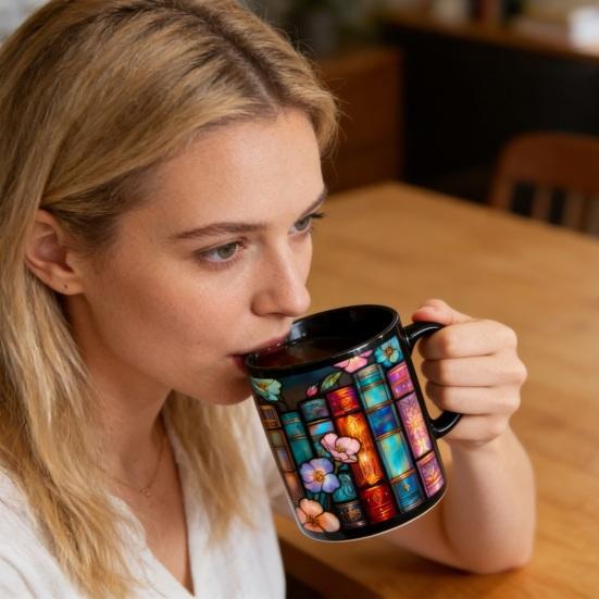 Stained-Glass Bookshelf Mug 11oz Ceramic Coffee Mug Literary Gift for Book Lovers Unique Home Office Decor
