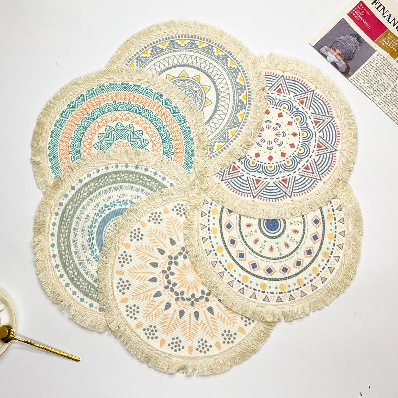 Bohemian Cotton Thread Placemat Nordic Fabric Woven Round Mat Home Kitchen Heat Insulation Anti-scald Mat Tassel Table Coaster