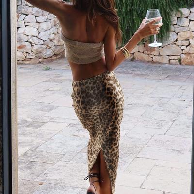 Sonbahar Seksi Leopar Desenli Boncuklu Çanta Kalça Kraliyet Kardeş Rüzgar Uzun Yırtmaçlı Etek