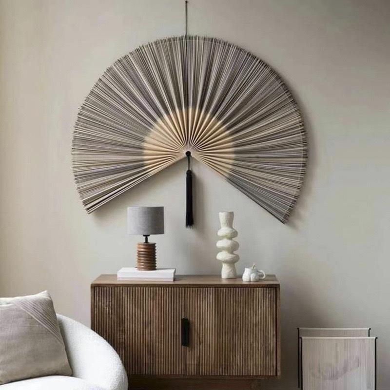 Handcrafted Bamboo Woven Hanging Fan In New Chinese Style, Elegant Wall Decor Pendant for Hotel, Homestay,  Wedding Scene Layout