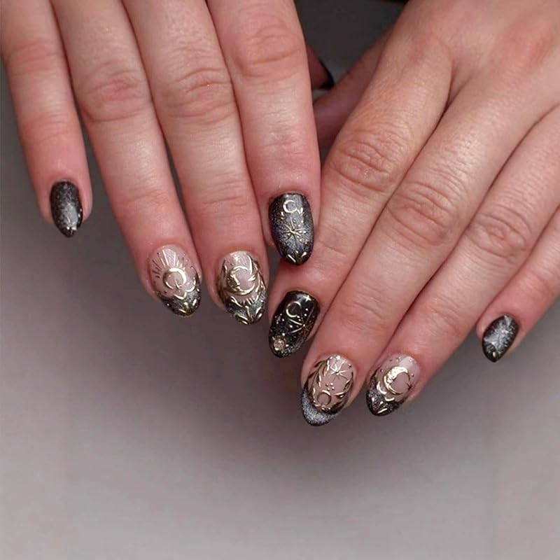 Halloween Press on Nails Medium Almond Fake Nails with Designs Cute Ghost Stick on Nails Rainbow Swirl False Nails Bat Acrylic Nails Cobweb