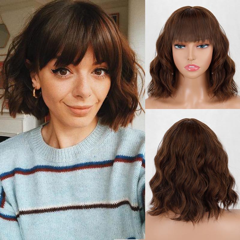 MERISIHAIR Women Short Bob Natural Wavy Pink Wig with Bangs Synthetic Fiber Short Water Wave Wig Daily Wear Cosplay