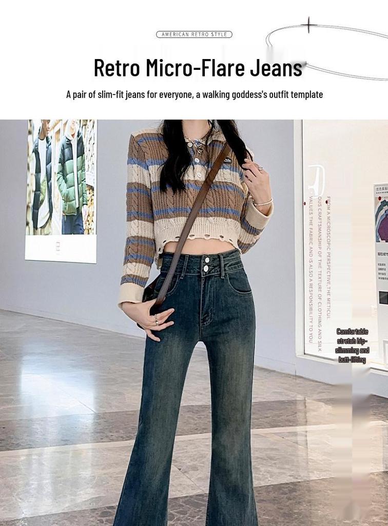 Women's Retro High Waist Fleece-Lined Flare Jeans – Autumn/Winter Slim Mopping Pants