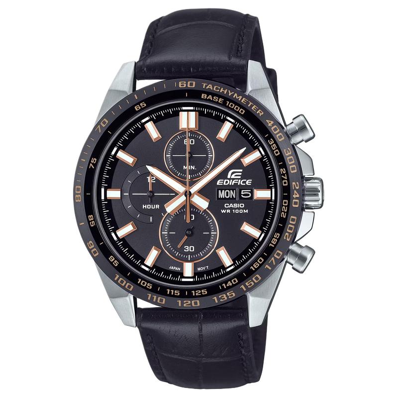 CASIO EDIFICE 100 meters waterproof, date and week display, Quartz, leather strap, , men's watch, black dial EFR-574BL-1AV