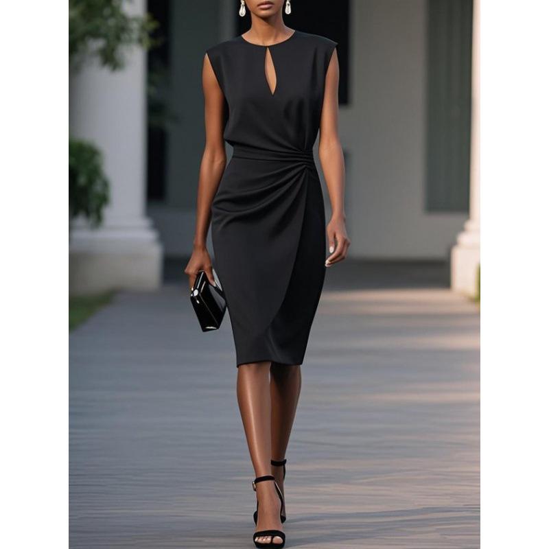 Womens Round Neck Keyhole Sleeveless Waist Twist Bodycon Midi Dress