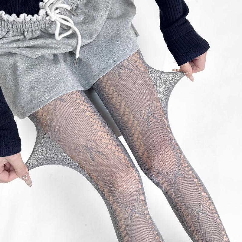 

Women Sexy Sheer Bowknot Printed Fishnet Pantyhose Hottie Party Hollowed Out Nylon Elastic Fishnets Tights Plus Size Stockings One Size серый