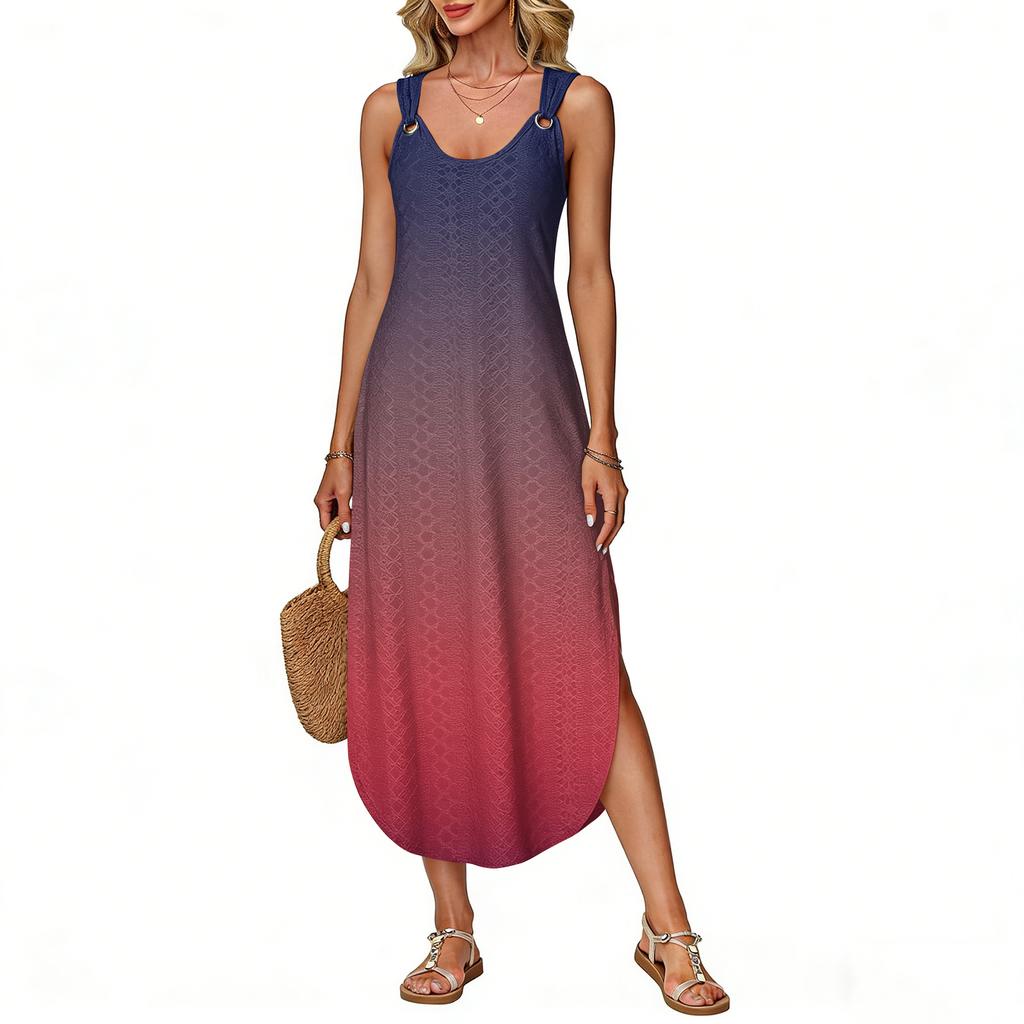 Women's summer long dress, sleeveless with side slits, long gradient vest dress