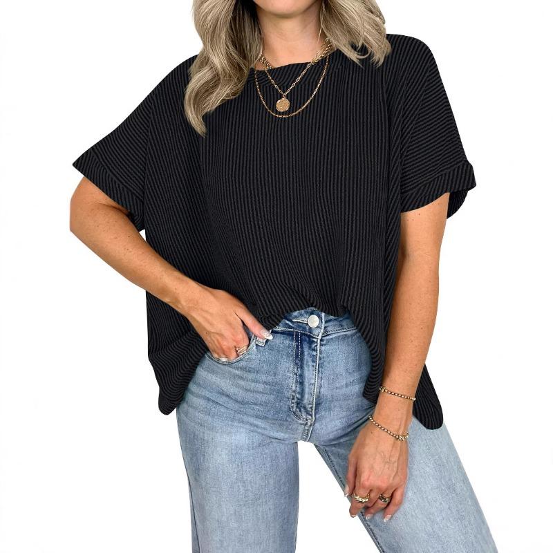 Loose Round Neck Batwing Sleeve Striped Pullover Short Sleeve Casual T Shirt