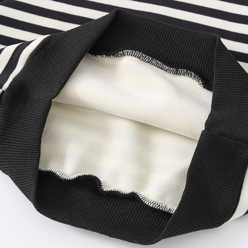 Black and white striped crew neck jumper autumn and winter new children's fleece sweater casual pocket children's top