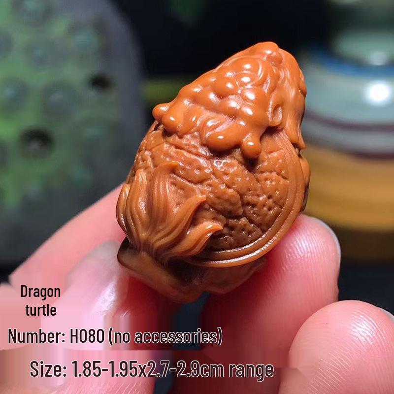 Hand-Carved Olive Pit Dragon Turtle Pendant - Old Style