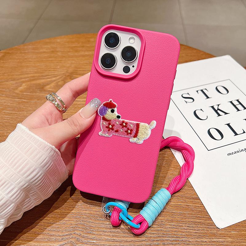 Korean Cute 3D Cartoon Embroidery Dog Lanyard Rope Phone Case For iPhone 17 16 15 14 13 11 12 Pro Max 16 Plus Funny Puppy Cover