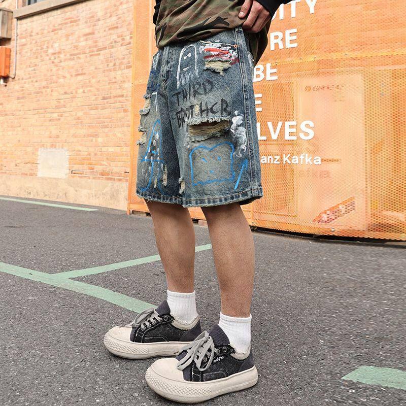 Foreign Trade Surplus American-Style Trendy Graffiti Print Ripped Denim Shorts for Men, Loose Straight Casual Knee-Length Shorts Blue S
