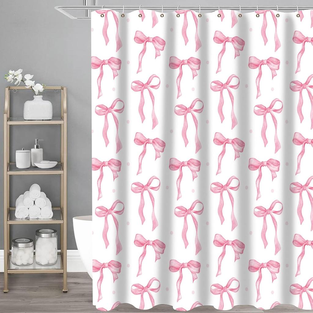 Cute Shower Curtain Set Pink&Black Bowknot 3D Printed Waterproof Polyester Fabric Bath Curtains Home Bathroom Decor With 12 Hook