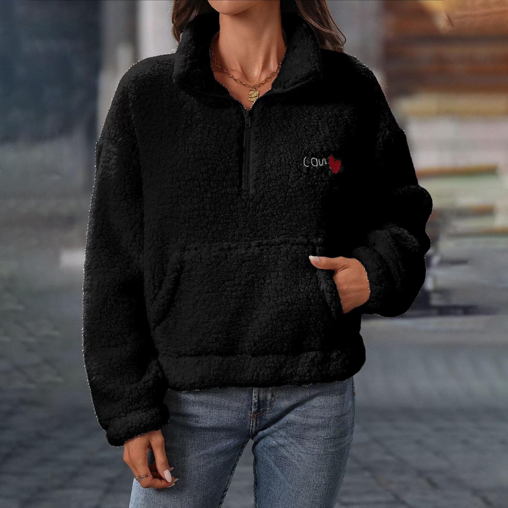 Осенне-зимняя женская плюшевая куртка с длинным рукавом, свободная, с полумолнией и воротником-стойкой, пуловер, толстовка M чёрный