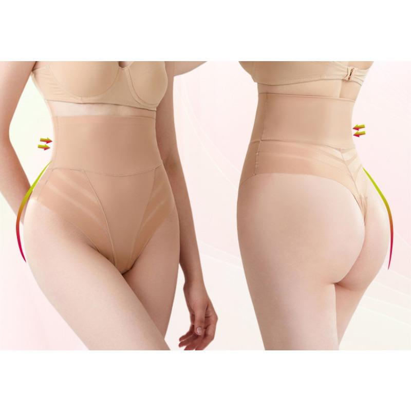 Women High Waist Striped Mesh Tummy Control Shaping T Back Thong Underwear
