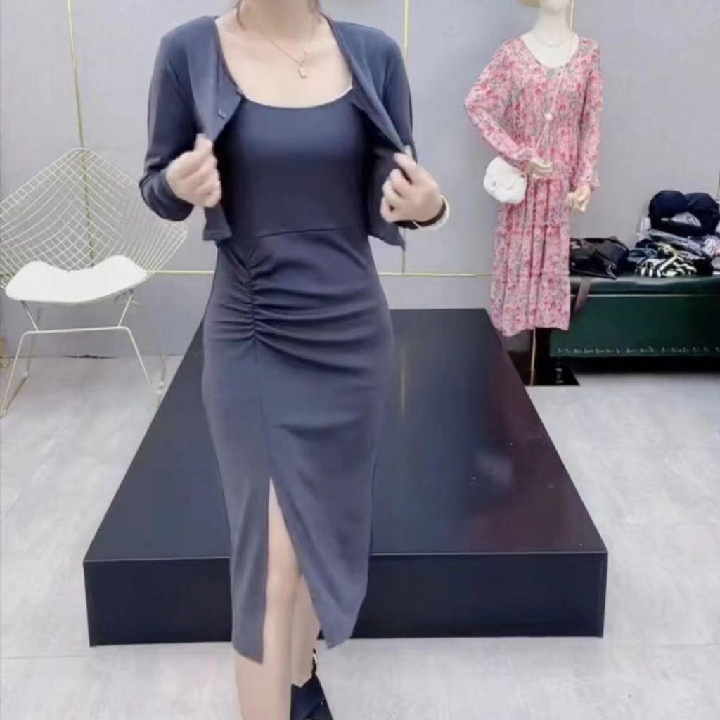 Trendy Women's Two-Piece Set: Stylish Spaghetti Strap Bodycon Dress with Long Sleeve Shawl Jacket
