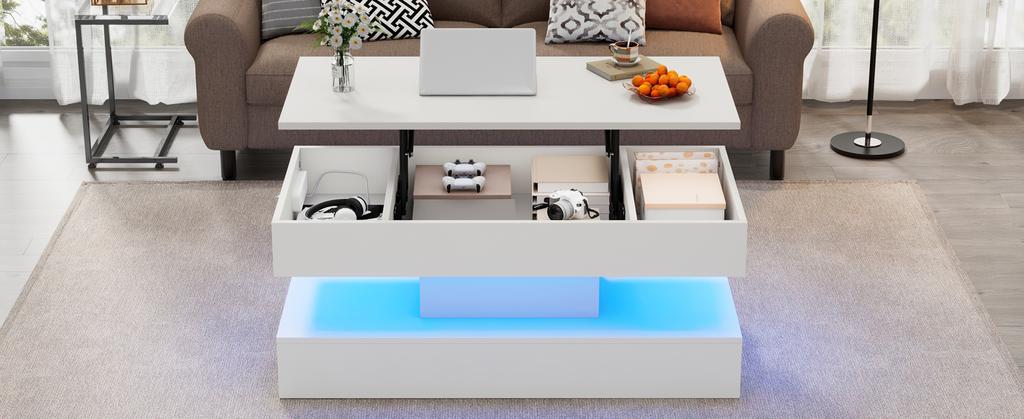 Modern Coffee Table with LED Lighting and Hidden Storage - Side Table with Hydraulic Lift, 100*50*42 cm, 50 kg Load Capacity