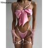 Yimunancy 3-Piece Cut Out Bow Lingerie Set 4 Colors Satin Cute Erotic Set Solid Brief Underwear Set Nightwear