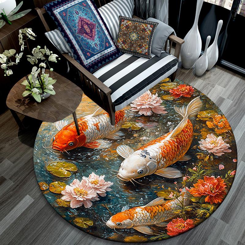 Koi Fish Round Area Rug,Carpet Rug for Living Room Bedroom Sofa Playroom Decor,Non-slip Floor Mat