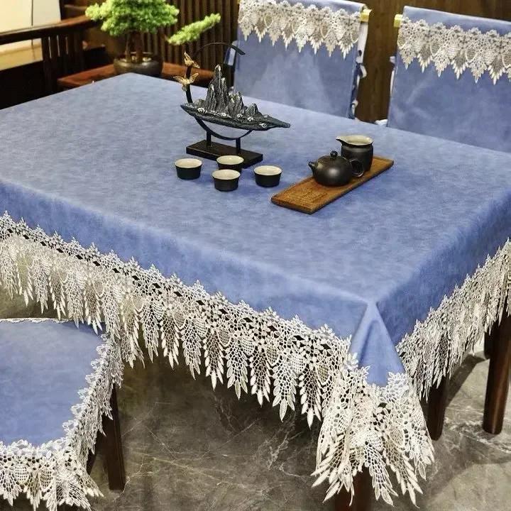 Tablecloth Waterproof and Oil Resistant Lace Embroidery Edge PU Table Cover Home Dining Table Decoration Mat