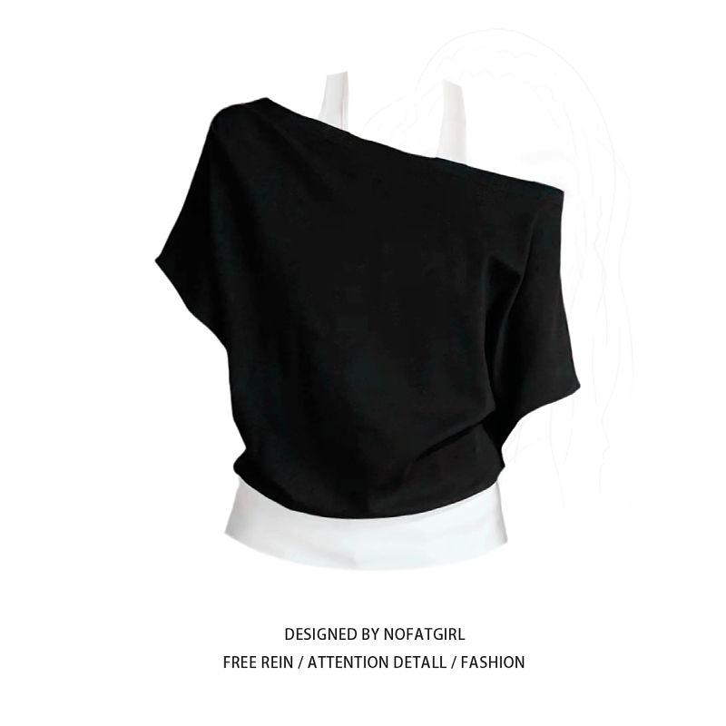 

Plus Size Black Halter off-Shoulder Short Sleeve T-Shirt Fashion Fat Sister Slim Fit Slimming off Shoulder Fake Two Pieces Tops Women Black Tops M