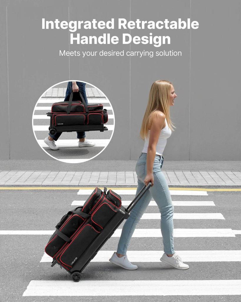 3 Ball Bowling Bag with Wheels Double Roller Bowling Bag Shoe Compartment