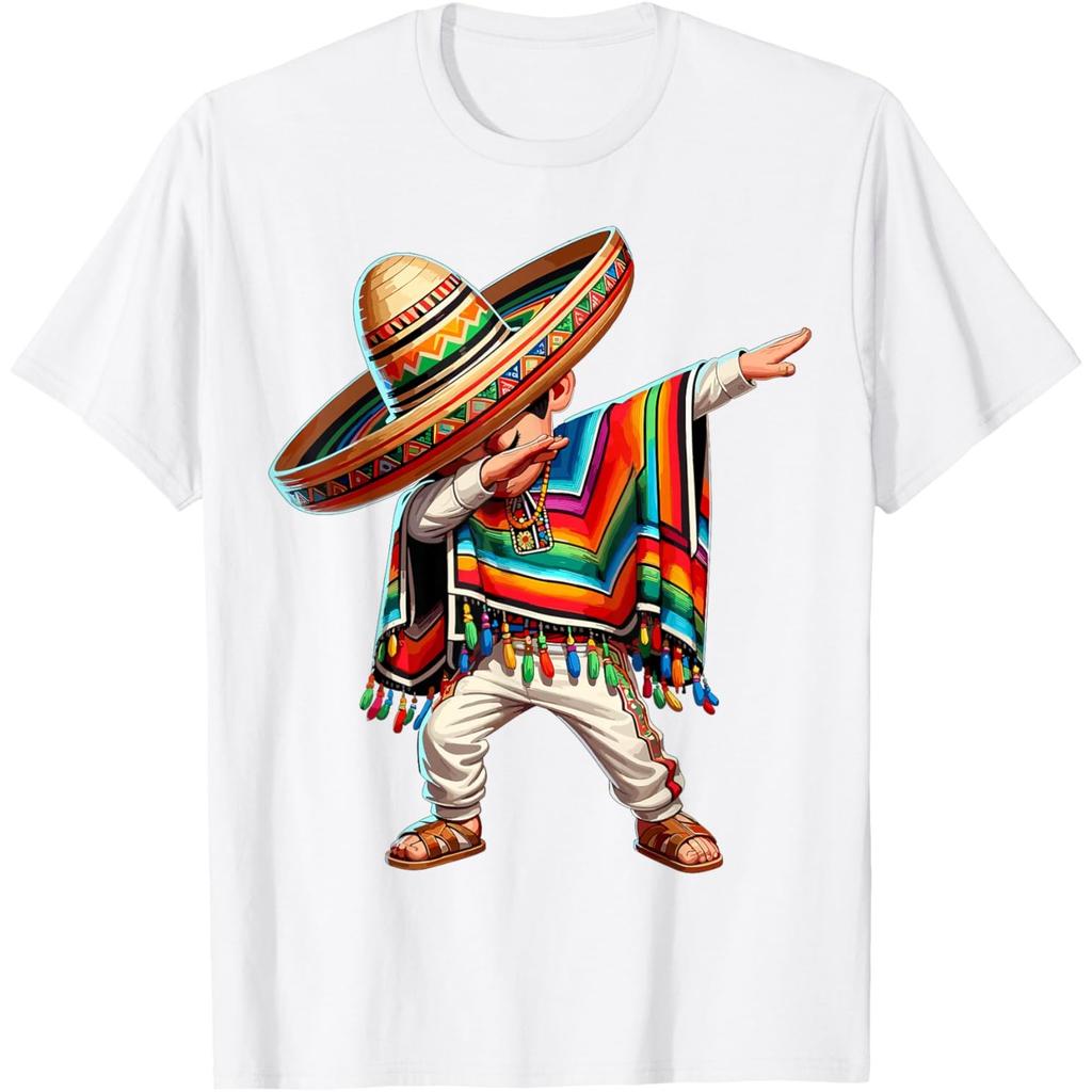 Mexican Boy Dabbing Poncho Sombrero Graphic Tee Cinco de Mayo Casual Cotton T-Shirt