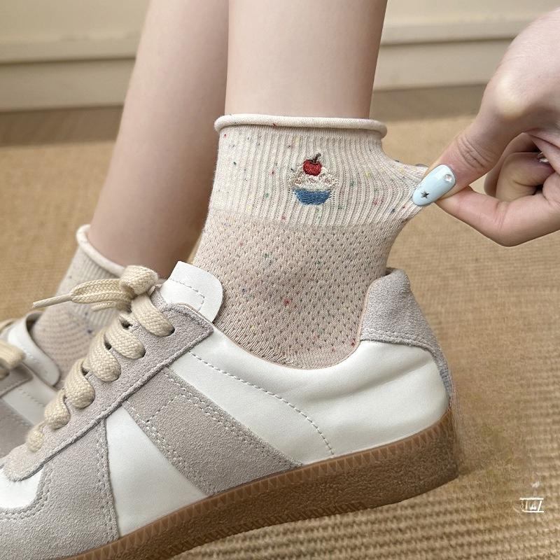 Rolled-up Socks, Women's Cotton Socks, Summer Thin Mid-calf Socks, Sweat-absorbing and Odor-proof, Bow, Versatile, Student Pile Socks