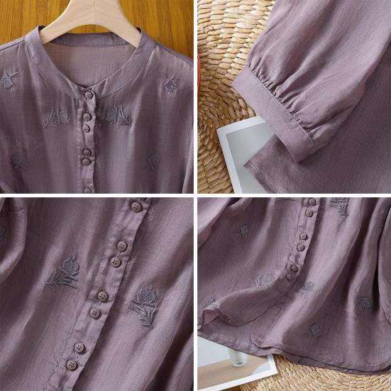 Women Shirt Round Neck 46085 Sleeve Buttons Placket Shirt Tops Pure Color Floral Embroidery