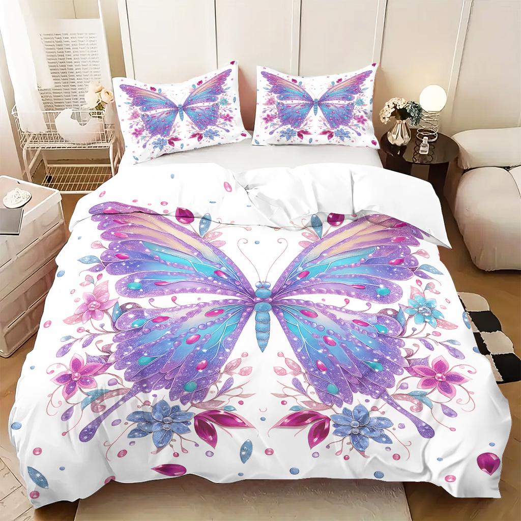 3Pcs Pink Floral Butterfly Pattern Duvet Cover Set, 1 Duvet Cover+2 Pillowcases, Coreless. Soft And Comfortable Bedding Set
