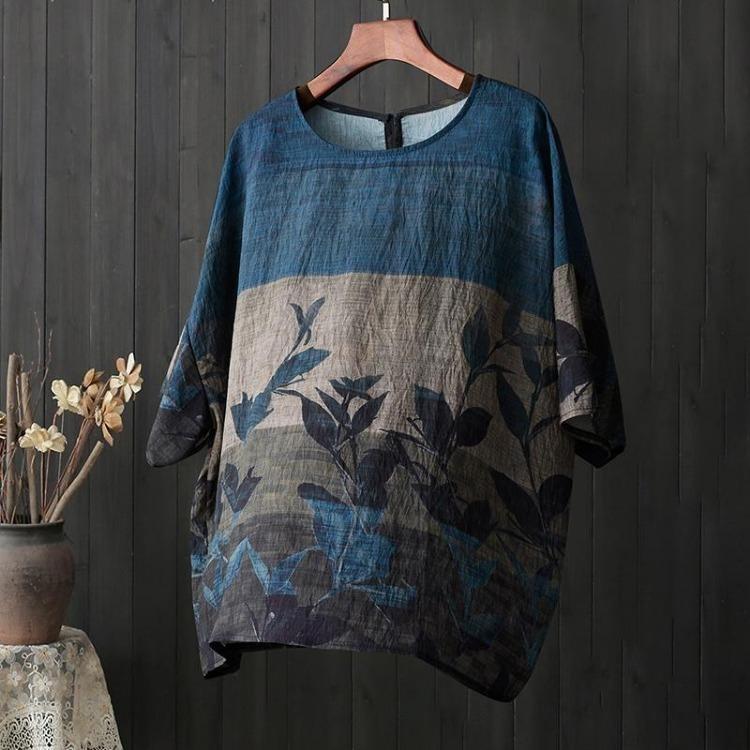 

Dimanaf Plus Size Linen Shirt Women Casual Floral Print Tops Batwing Sleeve Elegant Loose Summer Tees One Size синий