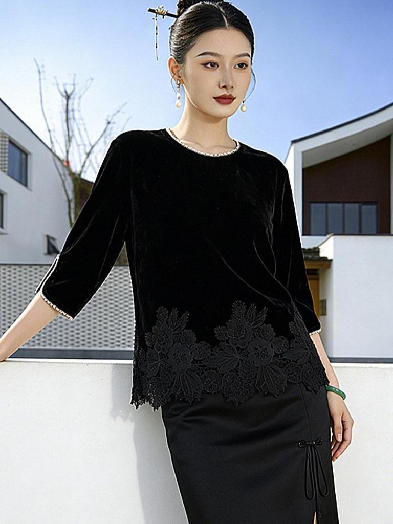 Velvet Lace Patchwork Women's Elegant Long-Sleeve Shirt with Chinese Style Drape and Round Neck