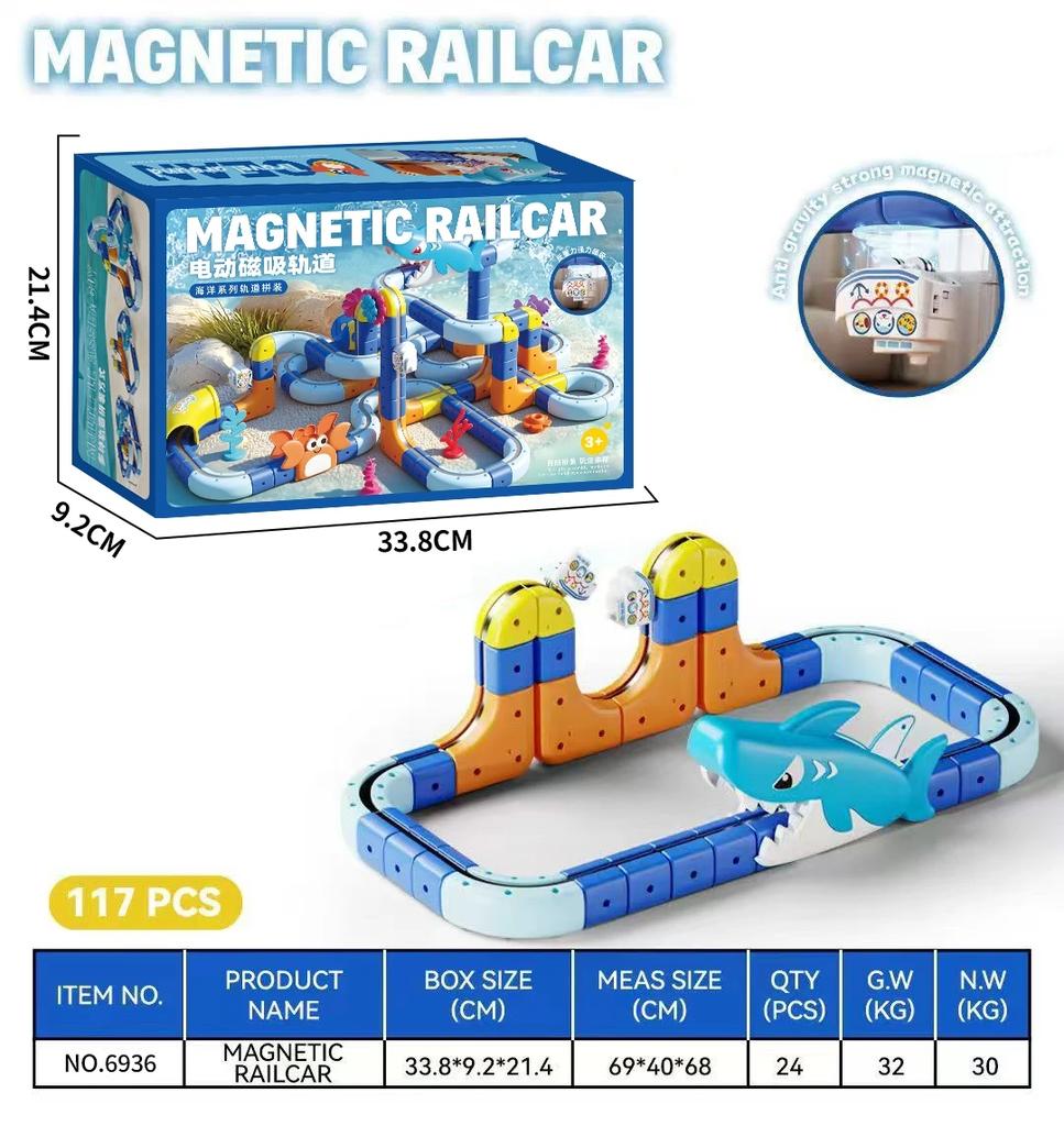 Neue Ozean-Serie Kinder Elektrische Magnetische Schwebebahn Schienen Würfel Bausteine 3D Junge DIY Magnetische Montage Spielzeug Auto