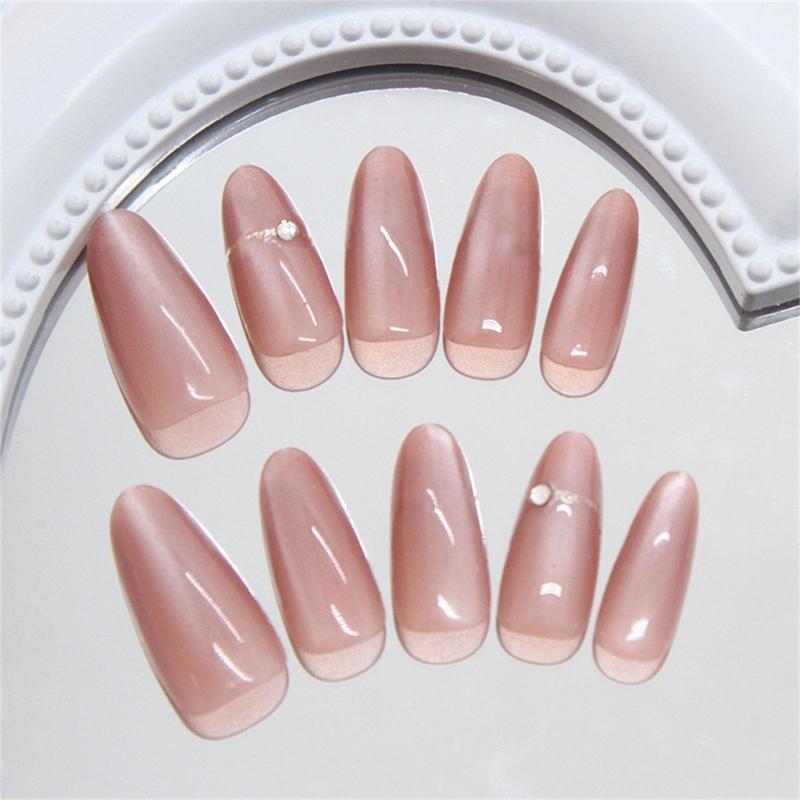 24 Pcs Glossy Full Cover Stick On Nail Almond Shape False Nail Simple Press On Nail Rhinestones Artificial Nail