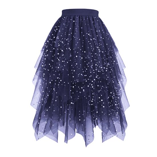 Damenrock Sternenhimmelmuster Doppellagig Mesh Hoher Bund Rock mit unregelmäßigem Saum Asymmetrisch Hoher Schlitz Party Auftrittsrock