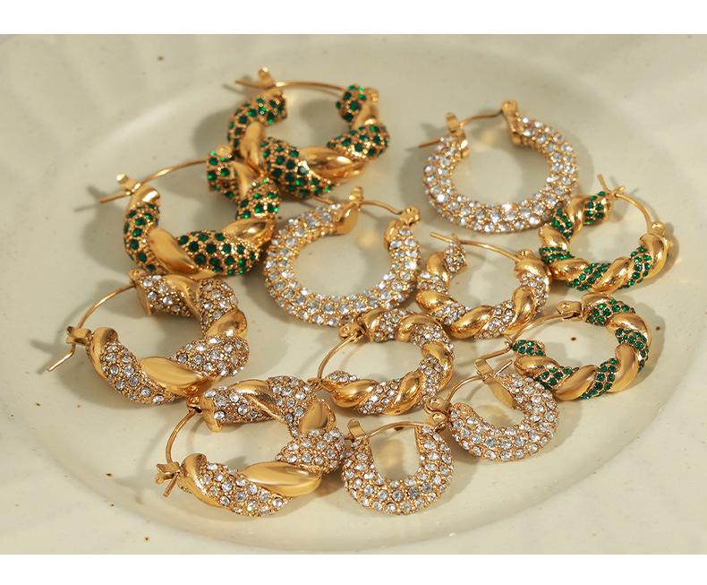 Light Luxury Retro Titanium Gold U-Shaped Rhinestone Geometric Earrings for Women