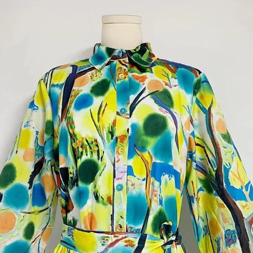 Elegant Long Tie-Waist Dress with Lapel and Lantern Sleeves for Women - Autumn 2023