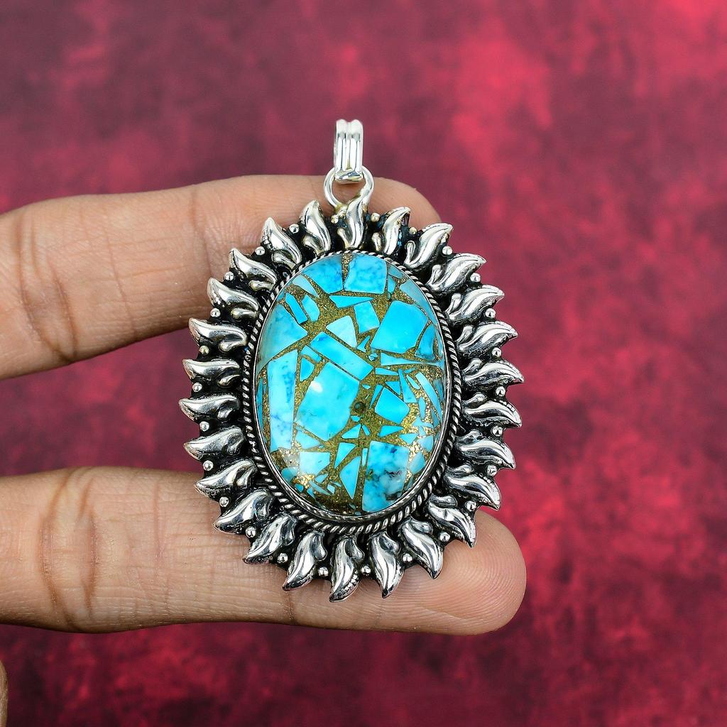 Modrý měděný tyrkysový ručně vyrobený přívěsek drahokam, 925 masivní přívěsek ze sterlingového stříbra starožitné šperky, jako dárek k zásnubám