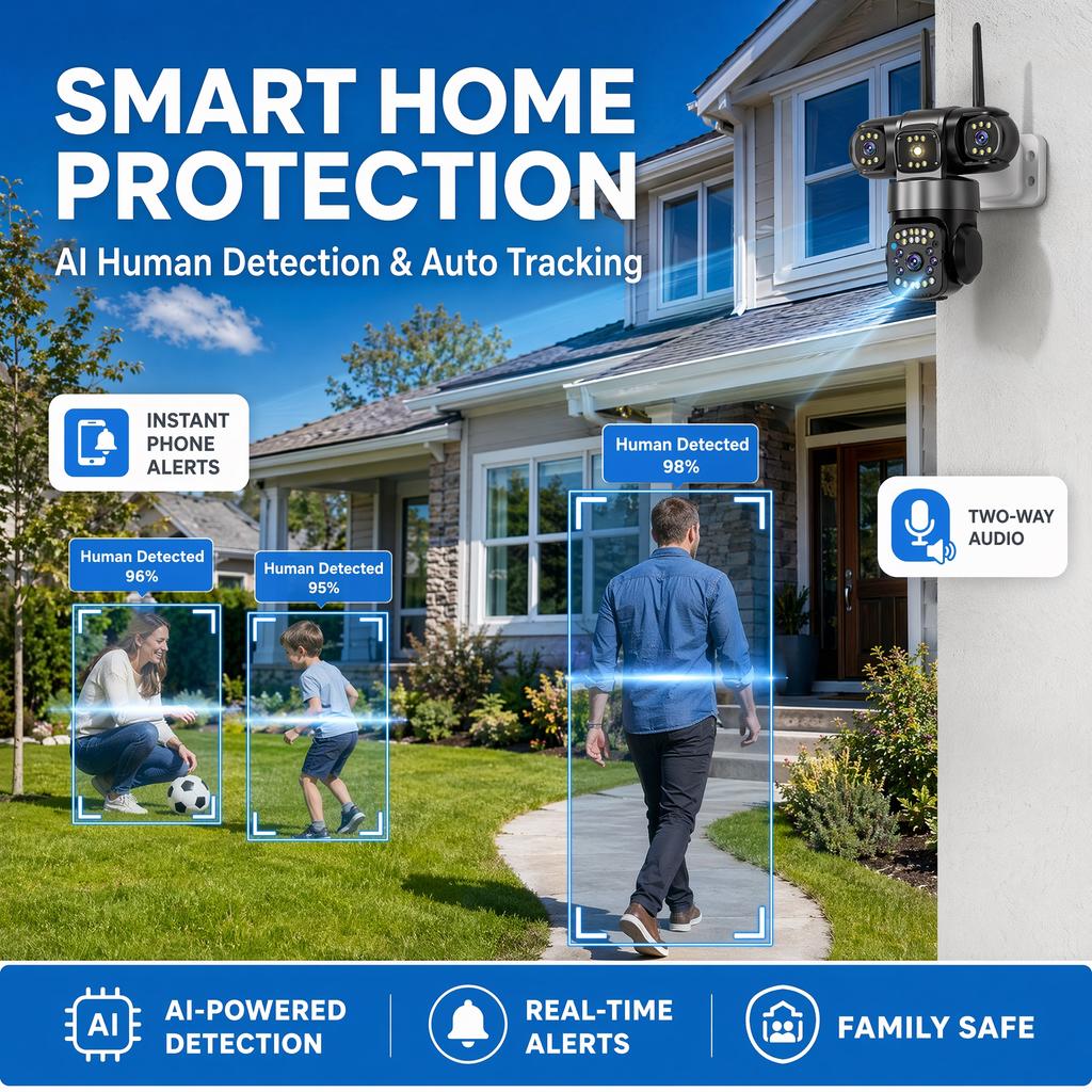 AIOOK 3-Objektiv HD 15MP Außen-WLAN-Sicherheitskamera IP66 Wasserdicht CCTV Mobile Tracking Zwei-Wege-Sprechanlage Nachtsicht Drahtlose IP-Kamera V380 PRO APP