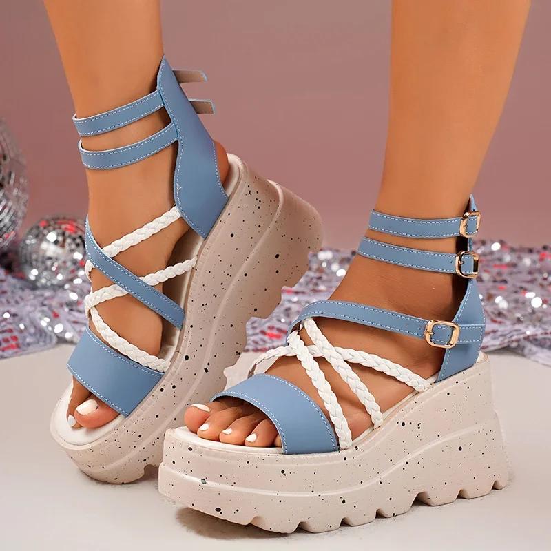 Fashion Women Shoes Cross Band Chunky Platform Sandals Summer Thick Sole Wedges Rome Sandles Woman Super High Heel Gladiator Sandalias