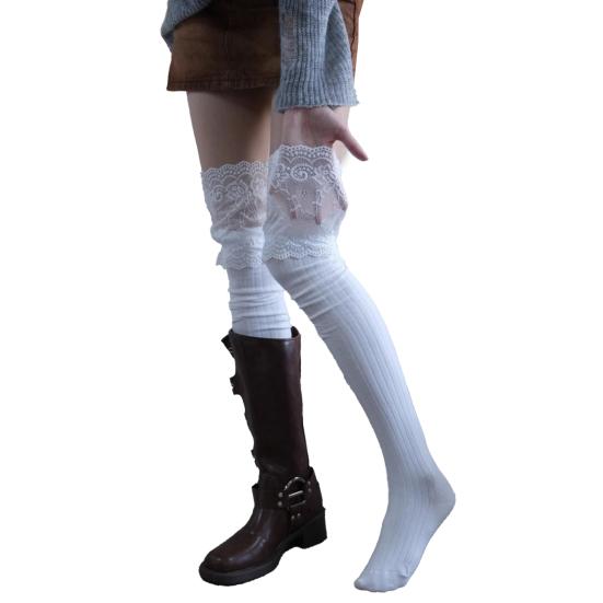 Lace Thigh High Socks Women Over-the-Knee Socks with Lace Cuffs Stretchy Long Stockings Boot Socks for Girls Cosplay Dating