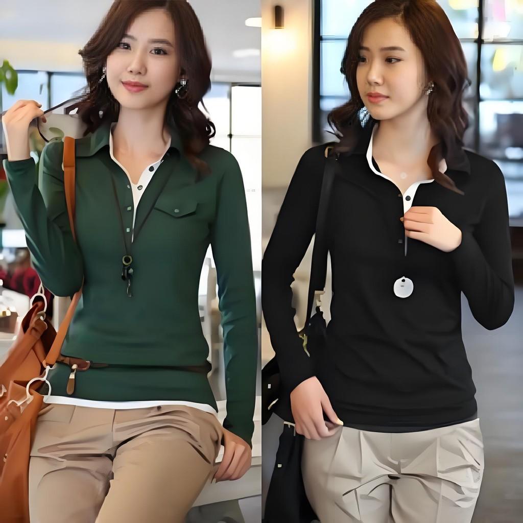 Design Feeling Color Block Mock Two Piece T Shirt For Women With Stretch Cotton For Office Wear