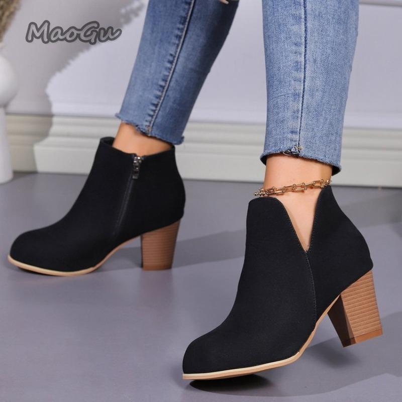 Fashion Elegant Women Ankle Bootie Side Zippers Chunky Mid Heels Outwear Short Boots Autumn Women's Botines Size 35-41 Botas Para Mujer